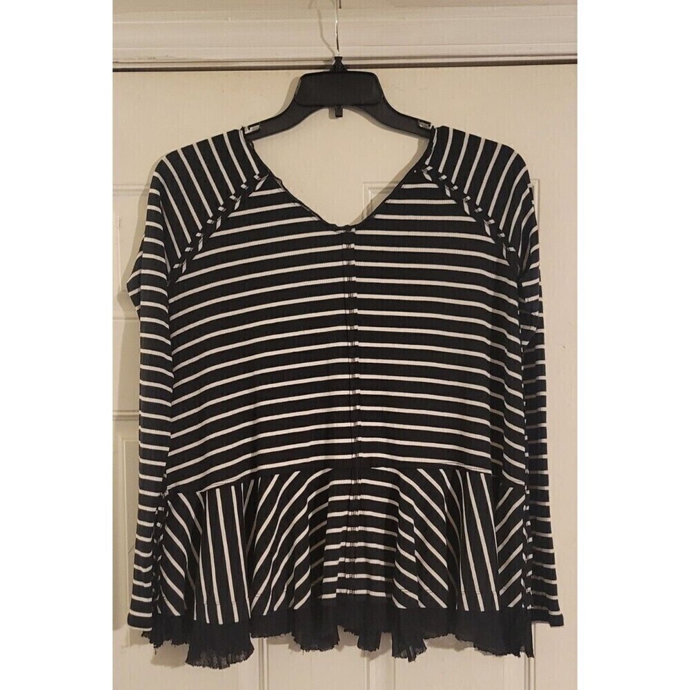 Free People We The Free Tangerine Black and White Striped Peplum Top Size Small - Picture 3 of 12